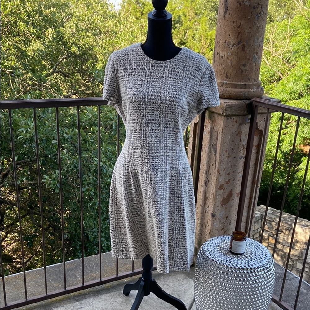 Theory Corset Tee Arbor Tweed Dress Gray and Cream Sheath Midi Dress Sz 12